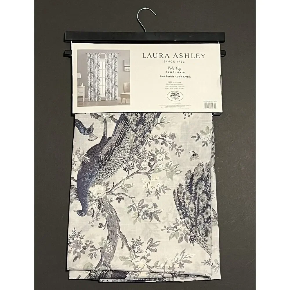 Laura Ashley Belvedere Peacock Curtains 2 Panels Navy Blue Green Ivory 38”x 96”